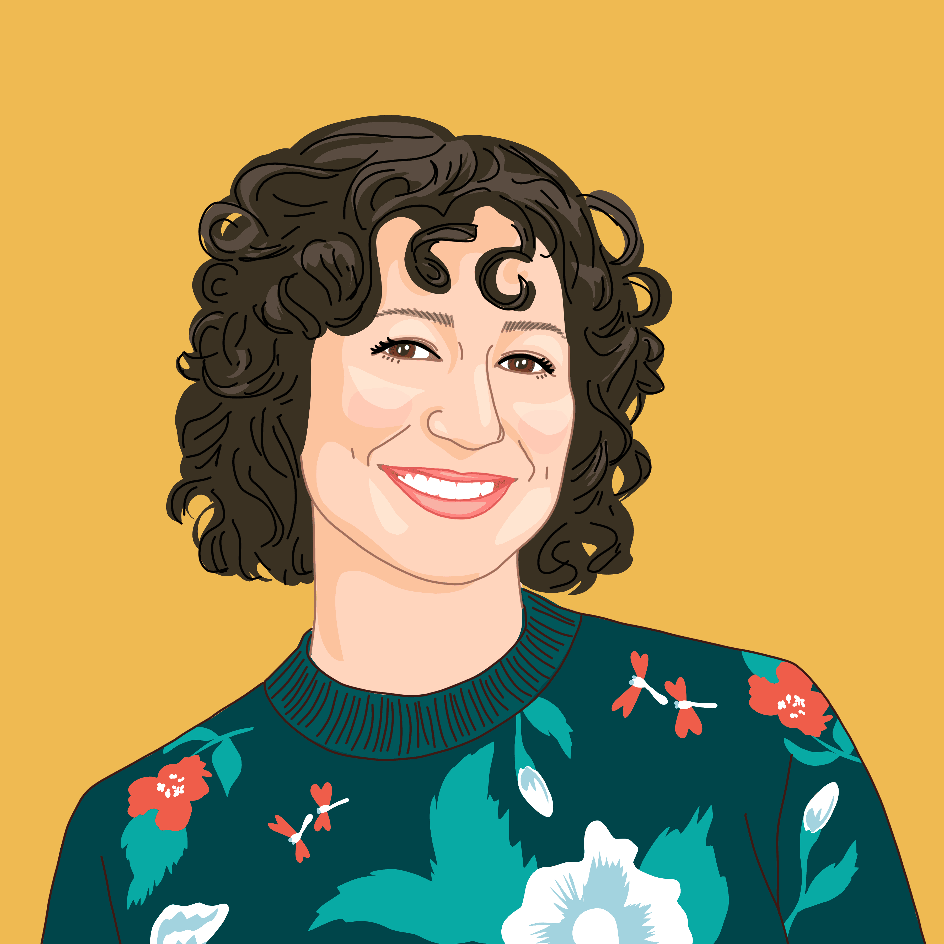 Cartoon image of Chelsea Pettitt with short dark brown hair, pink lips, a blue floral blouse and a mustard coloured background