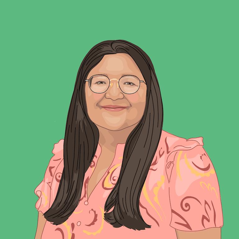 Cartoon image of Pavani Konda with long dark brown hair, glasses and a pink blouse with a green background